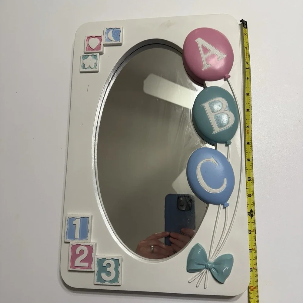 Homco Mirror Baby Nursery Decor‎ ABC White Blue Pink Bow Balloons Pastel Cottage